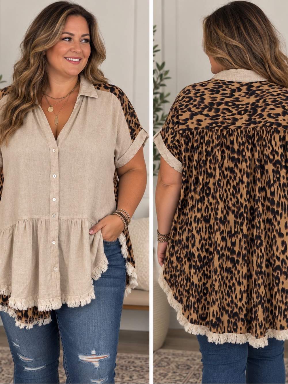 Umgee Beige Button-Front Top with Leopard Back and Fringe